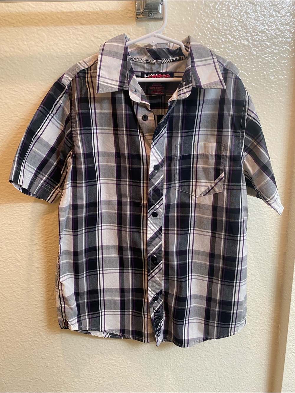 Tony Hawk Boy’s Short Sleeve Plaid Shirt - Black, White, Purple
